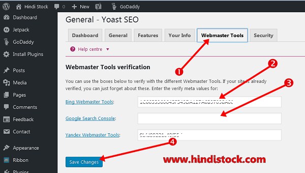 Yoast SEO webmaster tools setting page