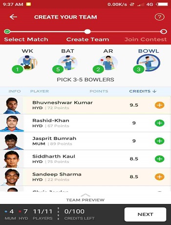 Best Fantasy Cricket Sites Dream11 select player